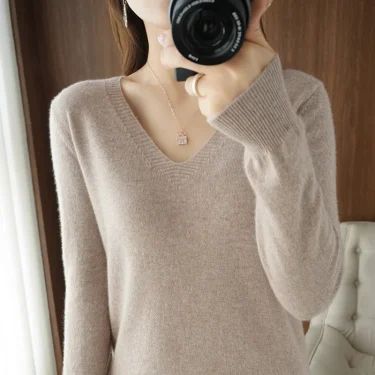 New Cashmere Women's V-neck Pullover Lace Neck Hollow Out Design Casual Knitted Long Sleeve Women's Sweater Autumn And Winter 2