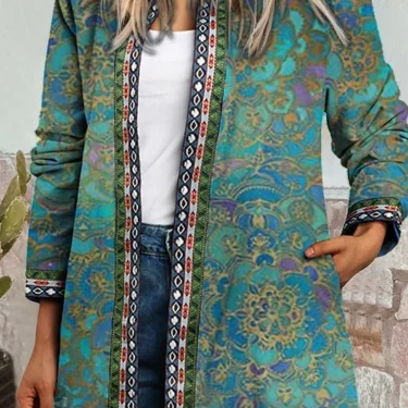 Autumn Winter Fashion Colorful Boho Floral Print Open Front Cardigan Casual Loose Long Sleeve Lightweight Jacket With Pockets 4