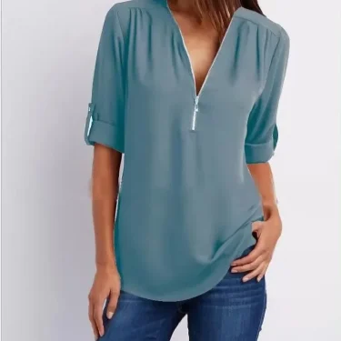 Hot Sale Women Cool Loose Shirt Deep V Neck Chiffon Fashion Blouse Casual Ladies Tops Sexy Zipper Pullover Plus Size 6