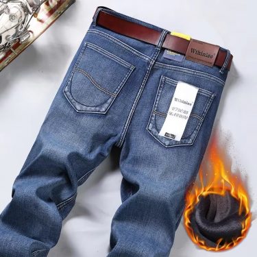 WTHINLEE Winter New Casual Men's Warm Fleece Jeans Classic Business Thicken Fur Regular Fit Denim Pants Brand Plush Trousers