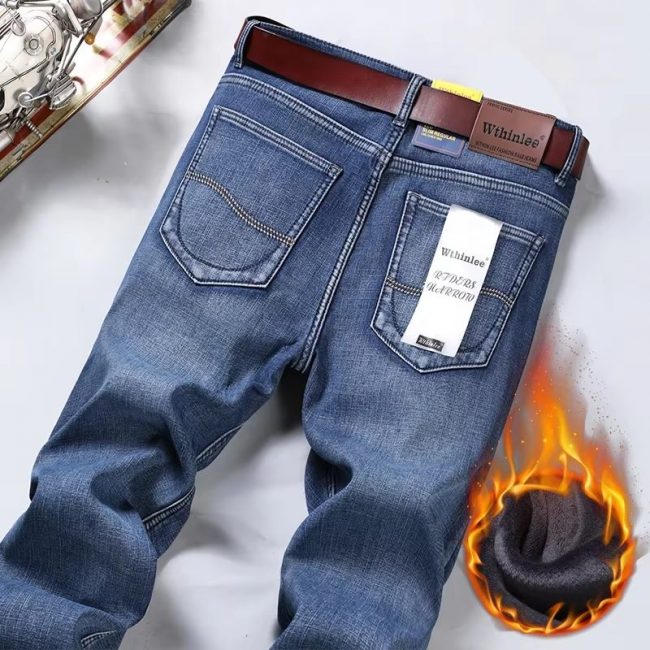WTHINLEE Winter New Casual Men's Warm Fleece Jeans Classic Business Thicken Fur Regular Fit Denim Pants Brand Plush Trousers
