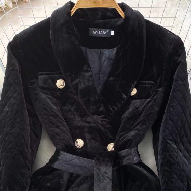 XFPV Women Velvet Feather Lace-up Korean Version Double Breasted Blazer Lapel Long Sleeve Warm Coat Autumn Winter SM9917 3