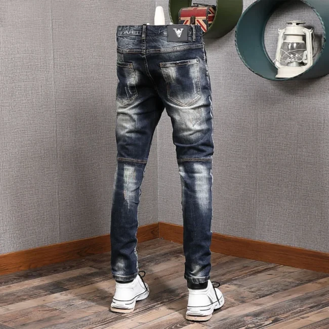 Fashion Streetwear Men Jeans Retro Black Blue Elastic Slim Fit Ripped Jeans Men Spliced Designer Embroidery Hip Hop Denim Pants 2
