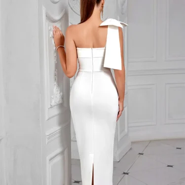 White Evening Dress Party Elegant One Shoulder Sexy Bow Mid-calf Length Celebrity Women Clothing Luxury Dresses Sleeveless Club 2