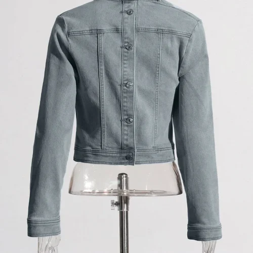 Plus Size Formal Jacket Casual Blue Short Spring Stand-Up Collar One Shoulder Long Sleeve Button Denim Jacket Only Denim Part 5