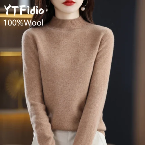 YTFidio 100% Wool Women Half High Collar Solid Slim Tops Outerwears Knitted Pullover Office Lady Solid Elastic Pullover 88 1