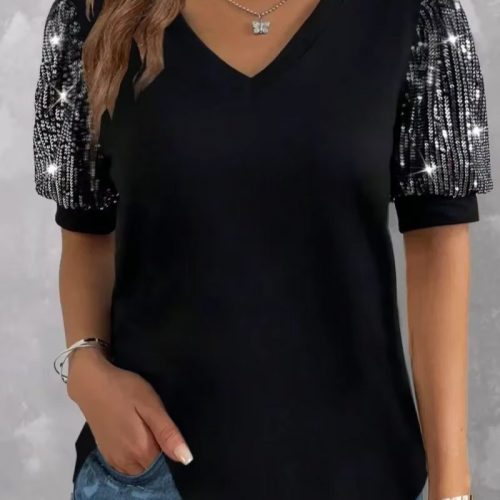 Plus Size 1XL-5XL Women's Color Blocking Sequin T-shirt Summer Lantern Sleeve V-neck Casual Top