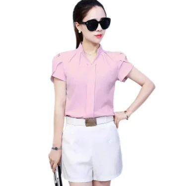 Women White Shirt Female Short Sleeve Shirt Fashion Leisure Chiffon Blouse Tops 4