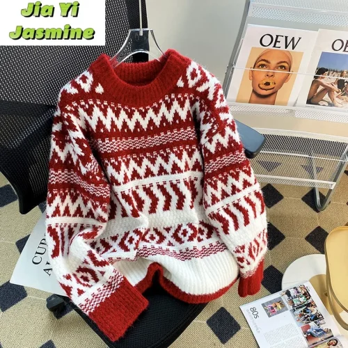 Autumn/Winter New Thickened Red Christmas Stylish Small Man Retro Loose Outerwear Lazy Sweater 1