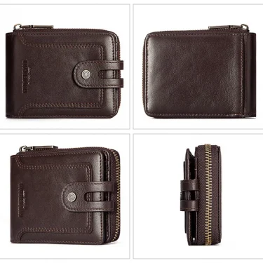 Men's genuine leather wallet, top layer, cowhide, short coin purse, zipper, vintage leather goods men's bag 5