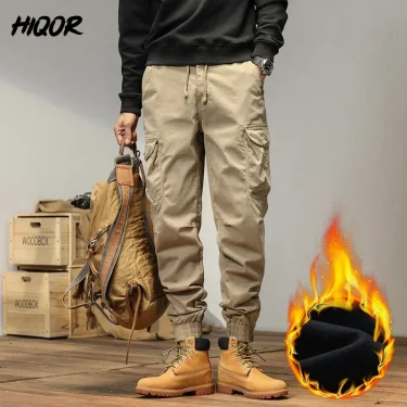 HIQOR New Cargo Pants Men Winter Man Y2k Harem Tactical Pants for Men Outdoor Fleece Multi-Pockets Cotton Casual Trousers 2