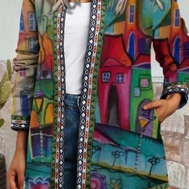 Autumn Winter Fashion Colorful Boho Floral Print Open Front Cardigan Casual Loose Long Sleeve Lightweight Jacket With Pockets 3