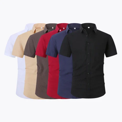 Anti-Wrinkle Stretch Slim Elasticity Fit Male Dress Business Basic Casual Short Sleeved Men Social Formal Shirt USA SIZE S-2XL 1