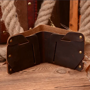 Fashion PUNK Handmade Crazy Horse Genuine Leather Wallet Men Money clip Short Wallet Bag Stud male Purse Card Holder Wallet 3