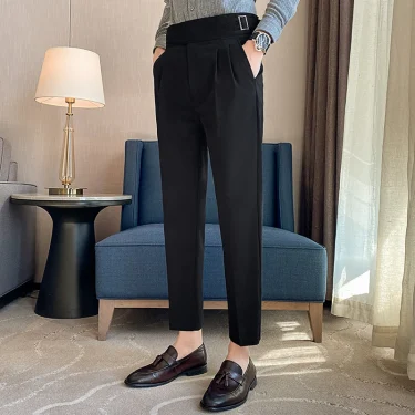 British Style Men High Waist Casual Dress Pant Men Belt Design Slim Trousers Formal Office Social Wedding Party Dress Suit Pants 5