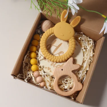 New born baby gift set silicone bunny teether wooden bunny rattle Photography props 3