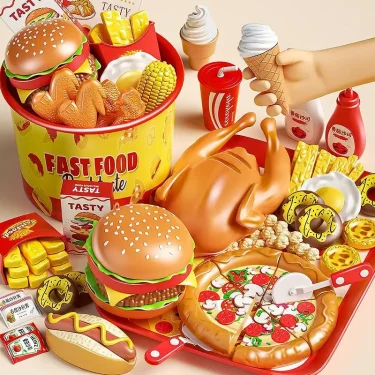 Children Kitchen Girl Toys Simulation Make Hamburger Pizza Fries Pretend Play Food Cooking Cutting Game Party Activity Game Toys 2