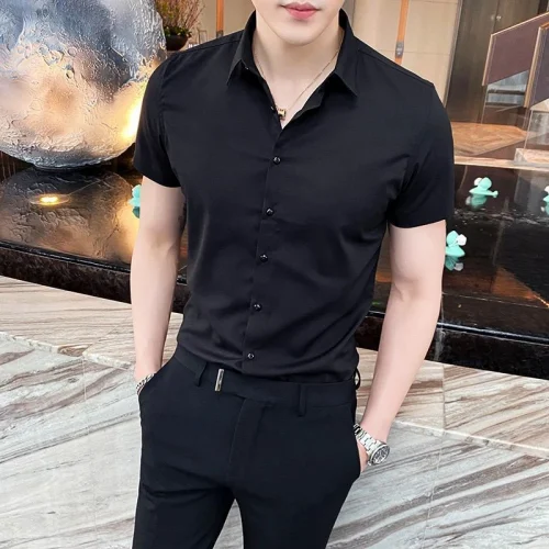 Black Man Tops Plain Shirts And Blouses For Men Short Sleeve Clothing With Collar Luxury Social Aesthetic Designer Original Cool 1