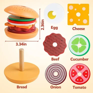 Montessori Wooden Burger Stacking Toys For Toddler Kids Preschool Learning Educational Toys Fine Motor Skill Kitchen Toys Gift 5