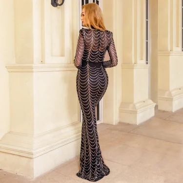Gold Sequined Long Evening Party Dress High Collar Neck Hollow Out Maxi Dress Stretch Bodycon Gown 3