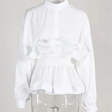 XFPV Women Puff Sleeve Pleated Ruffle Solid Casual Blouse Patchwork Y2k Top Slim Waist Shirt Sweet Summer Spring 2025 SM2983 3