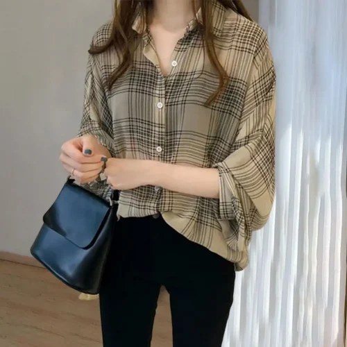 Fashion Casual Thin Chiffon Loose Batwing Sleeve Plaid Women Shirt 2022 Office Lady All-match Lapel Button Oversize Woman Blouse 1