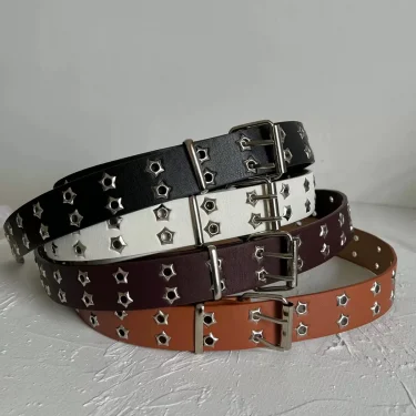 Y2K Punk Rivet Leather Belts Women Men Star PU Black White Waist Strap Double Row Hollow Trendy Waistband Jeans Skirt Decoration 5
