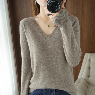 New Cashmere Women's V-neck Pullover Lace Neck Hollow Out Design Casual Knitted Long Sleeve Women's Sweater Autumn And Winter 4