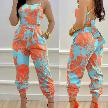 New Summer Fashion Printed Sleeveless Jumpsuit Sexy Hollow Backless Lace Up Long Jumpsuits Elegant Casual Jumpsuit With Pocket 4