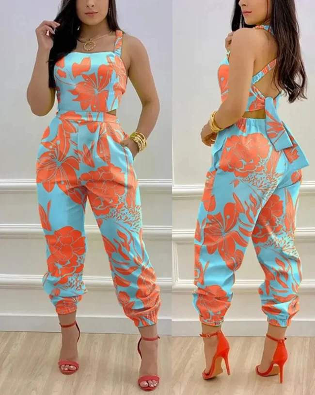New Summer Fashion Printed Sleeveless Jumpsuit Sexy Hollow Backless Lace Up Long Jumpsuits Elegant Casual Jumpsuit With Pocket 4