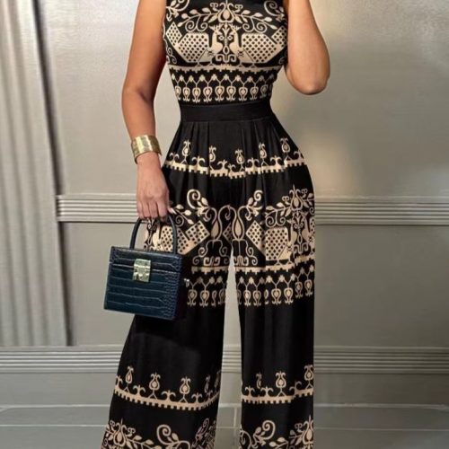 Elegant Women Wide Leg Long Juumpsuit Spring Summer Fashion Printed Sleeveless Casual Holiday Bodysuits Jumpsuits Trousers