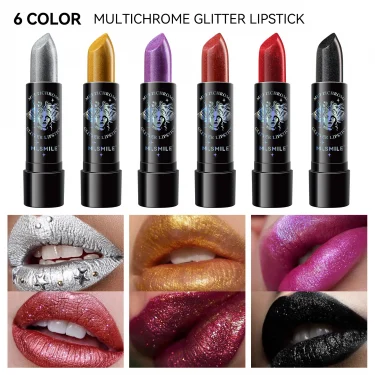 6Colors Glitter Lipstick Waterproof Long Lasting Diamond Pearlescent Metallic Lipstick Black Lipgloss Women Lips Makeup Cosmetic 5