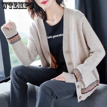 WTEMPO Spring Autumn Solid Color Women's Knitted Cardigan Long Sleeve Korean Loose V-Neck Button Sweaters Coat Female Clothing 4