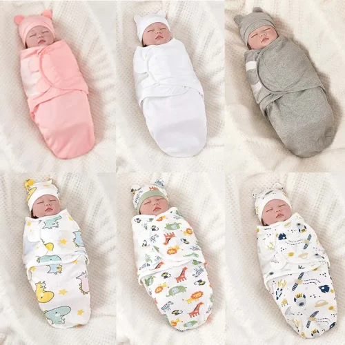 Baby Blanket Hat Set Cartoon Printed Cotton Newborn Swaddle Adjustable Infant Sleeping Swaddle Wraps All Seasons 0-6 Months 1