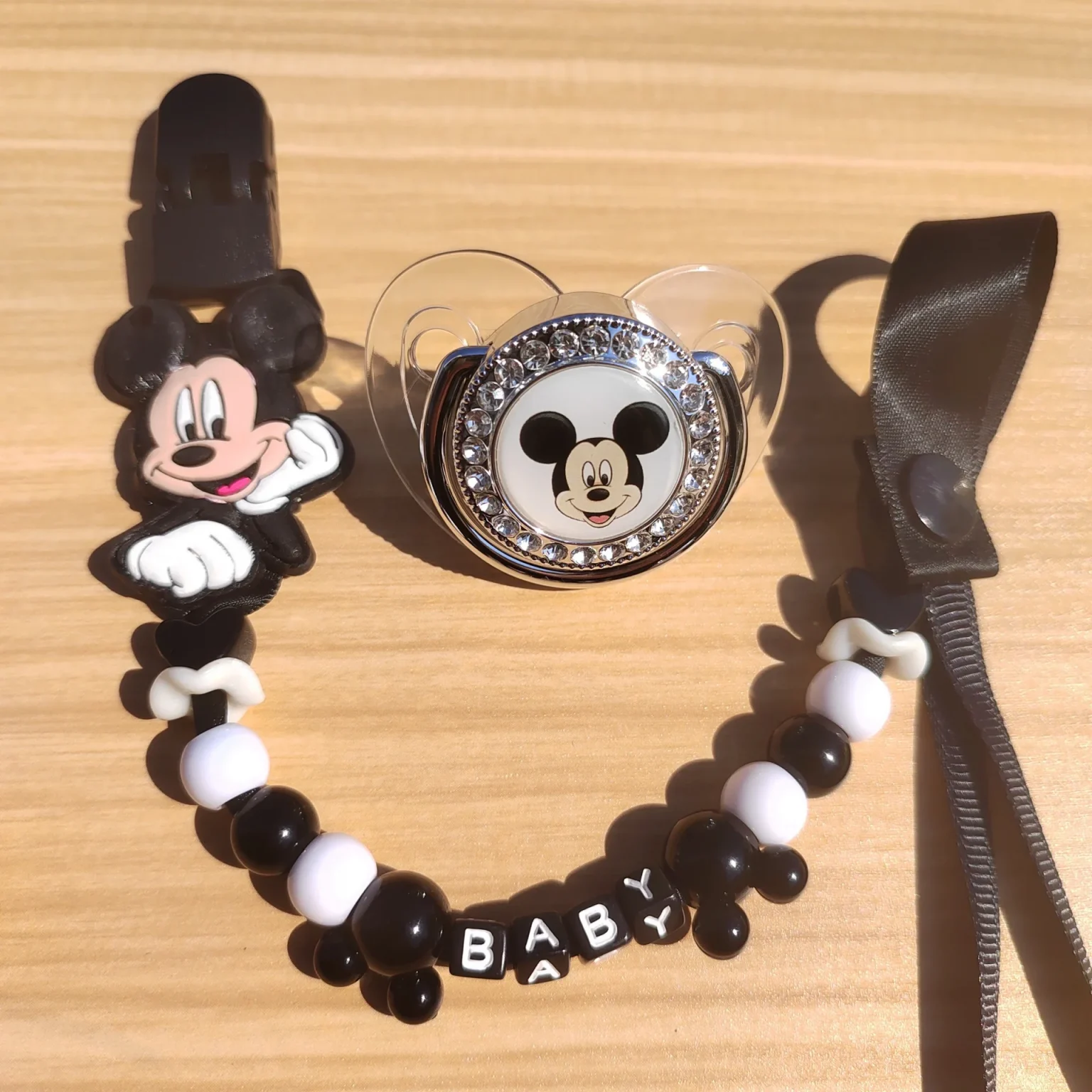 Black Mickey Mouse Printed pacifier Baby Diamond Pacifier Food Grade Baby Thumb shaped pacifier Personalized bead pacifier clip 2