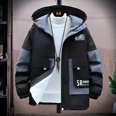 Autumn/Winter Trendy Hooded Jacket Color Matching Windproof Plush Thick Insulation Jacket Printed Men's Outdoor Clothing Casual 3