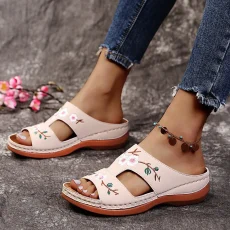 Women Slippers Embroider Flowers Leather Woman Sandals Outdoor Light Casual Wedges Slippers Slip on Summer Shoes for Women 6