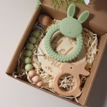 New born baby gift set silicone bunny teether wooden bunny rattle Photography props 6