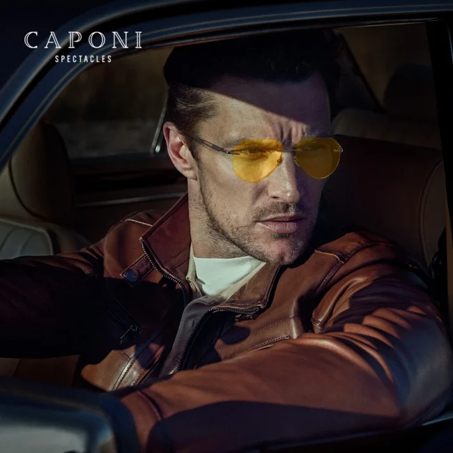 CAPONI Photochromic Brown Yellow Sunglasses Titanium Alloy Rimless Sun Glasses Pilot Night Vision Ultra-Light Eyewear BSYS22003 4