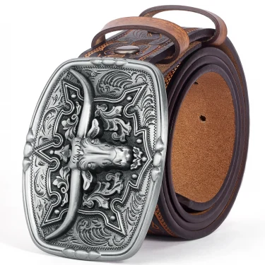 Mens Belt Western Embossed Genuine Leather Men Cowboy Belts With Longhorn Bull Buckle Pattern Floral Belt For Men 1