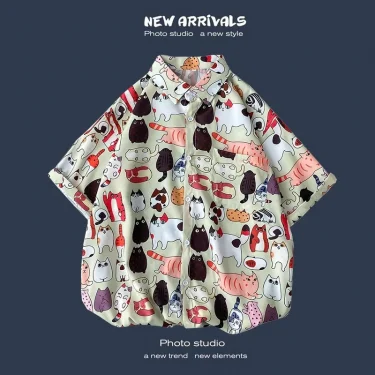 Men Street Fashion Summer Daily Shirt Hawaiian Cartoon Print Casual Loose Shirts Short Sleeve Beach Loose Tops 3