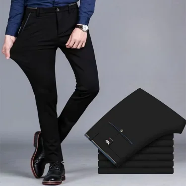 Premium Elastic Dress Trousers Men Suit Pants for Business Straight-Fit No-Iron Flat-Front Fashion Formal Pants Black Navy Blue 1