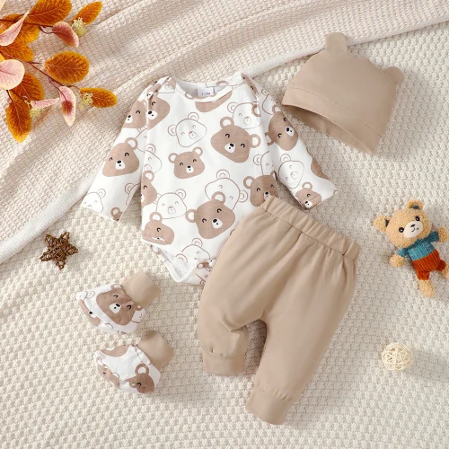 0-9 Months Baby Boy Set Little Bear Long Sleeve Bodysuit+Pants+Hat+Socks 4pcs/Set Baby Spring Autumn clothing Newborn set 1