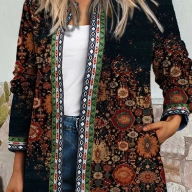 Autumn Winter Fashion Colorful Boho Floral Print Open Front Cardigan Casual Loose Long Sleeve Lightweight Jacket With Pockets 5