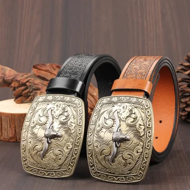 Western Cowboy Belt, Bull Head Big Board Buckle, Retro Youth, Men's and Women's Punk Leather Street Belt 1