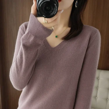 New Cashmere Women's V-neck Pullover Lace Neck Hollow Out Design Casual Knitted Long Sleeve Women's Sweater Autumn And Winter 3