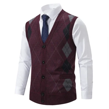 Spring Autumn Male Vest Sleeveless Sweater Fleece Warm Knitted Jackets Checkered Business Casual Button Up Coat Men's Clothing 3