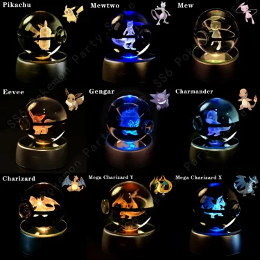 Pokemon Crystal Ball 3D Pikachu Gengar Mew Mewtwo Lamp Base Pokeball Crystal Pokemon Glass Ball Figure Night Light Birthday Gift 2