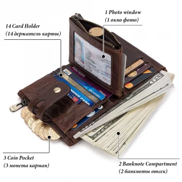 100% Genuine Leather Men Wallet Coin Purse Small Mini Card Holder Chain PORTFOLIO Portomonee Male Walet Pocket Quality 3