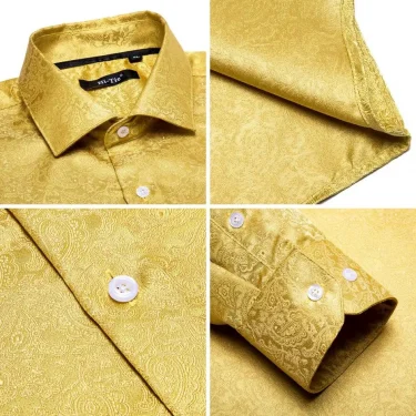 Hi-Tie Blue Men's Shirts Paisley Floral Silk Gold Long Sleeve Casual Shirts For Men Jacquard Male Business Party Wedding Dress 2